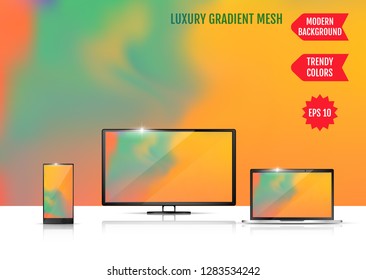 Modern abstract background. Colors transition concept. Gradient mesh. Trendy colored Surface. An example of the use of the proposed background on the screen of a laptop, smartphone and TV
