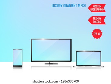 Modern abstract background. Colors transition concept. Gradient mesh. Trendy colored Surface. An example of the use of the proposed background on the screen of a laptop, smartphone and TV