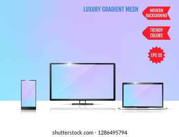 Modern abstract background. Colors transition concept. Gradient mesh. Trendy colored Surface. An example of the use of the proposed background on the screen of a laptop, smartphone and TV