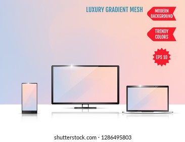 Modern abstract background. Colors transition concept. Gradient mesh. Trendy colored Surface. An example of the use of the proposed background on the screen of a laptop, smartphone and TV