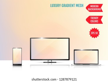 Modern abstract background. Colors transition concept. Gradient mesh. Trendy colored Surface. An example of the use of the proposed background on the screen of a laptop, smartphone and TV