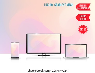 Modern abstract background. Colors transition concept. Gradient mesh. Trendy colored Surface. An example of the use of the proposed background on the screen of a laptop, smartphone and TV