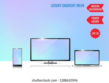 Modern abstract background. Colors transition concept. Gradient mesh. Trendy colored Surface. An example of the use of the proposed background on the screen of a laptop, smartphone and TV