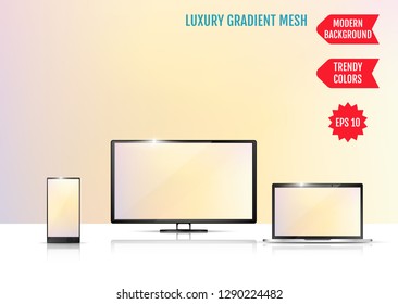 Modern abstract background. Colors transition concept. Gradient mesh. Trendy colored Surface. An example of the use of the proposed background on the screen of a laptop, smartphone and TV