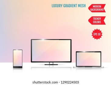 Modern abstract background. Colors transition concept. Gradient mesh. Trendy colored Surface. An example of the use of the proposed background on the screen of a laptop, smartphone and TV