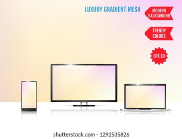 Modern abstract background. Colors transition concept. Gradient mesh. Trendy colored Surface. An example of the use of the proposed background on the screen of a laptop, smartphone and TV