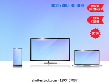 Modern abstract background. Colors transition concept. Gradient mesh. Trendy colored Surface. An example of the use of the proposed background on the screen of a laptop, smartphone and TV