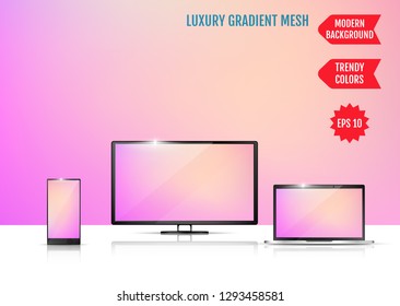 Modern abstract background. Colors transition concept. Gradient mesh. Trendy colored Surface. An example of the use of the proposed background on the screen of a laptop, smartphone and TV