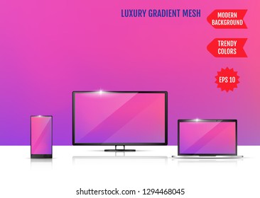 Modern abstract background. Colors transition concept. Gradient mesh. Trendy colored Surface. An example of the use of the proposed background on the screen of a laptop, smartphone and TV