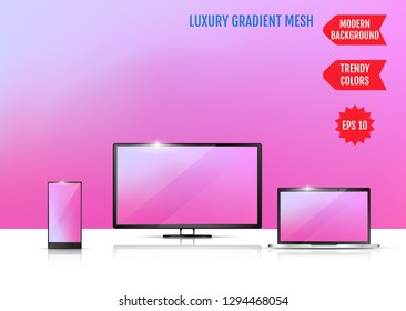 Modern abstract background. Colors transition concept. Gradient mesh. Trendy colored Surface. An example of the use of the proposed background on the screen of a laptop, smartphone and TV