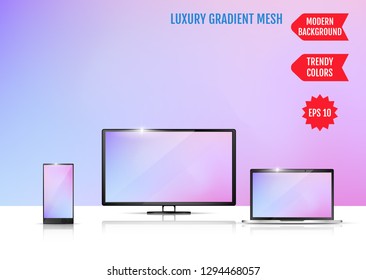 Modern abstract background. Colors transition concept. Gradient mesh. Trendy colored Surface. An example of the use of the proposed background on the screen of a laptop, smartphone and TV