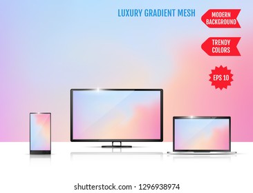 Modern abstract background. Colors transition concept. Gradient mesh. Trendy colored Surface. An example of the use of the proposed background on the screen of a laptop, smartphone and TV
