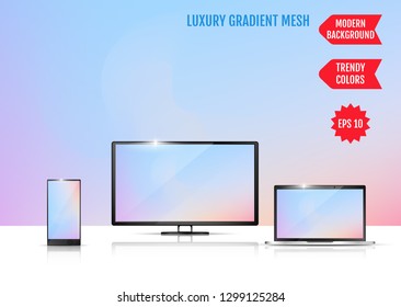 Modern abstract background. Colors transition concept. Gradient mesh. Trendy colored Surface. An example of the use of the proposed background on the screen of a laptop, smartphone and TV