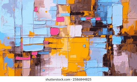 Modern abstract background Composition with yellows, Bold Blues, and Subtle Pinks, Expressing Energy and Depth Through Layered Brushstrokes and a Harmonious vibrant aesthetic painting