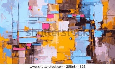 Modern abstract background Composition with yellows, Bold Blues, and Subtle Pinks, Expressing Energy and Depth Through Layered Brushstrokes and a Harmonious vibrant aesthetic painting