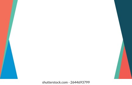 Fundo abstrato moderno com coral, azul, azul e marinheiro bordas angulares em ambos os lados de um centro branco limpo. Ideal para apresentações, folhetos, modelos, anúncios ou layouts gráficos.