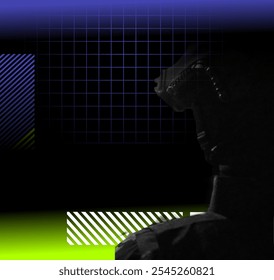 Modern abstract background with cyberpunk silhouette figures, science fiction, perspective grid, minimalist, futuristic and neon green and blue.eps