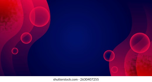 Fondo abstracto moderno con centro azul oscuro y Formas onduladas rojas en los lados, con burbujas brillantes y texturas de punto de semitono. Diseño futurista y elegante para temas digitales o tecnológicos.