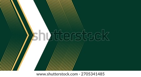 A modern abstract background with a dark green base, featuring a white and gold chevron pointing right, accented by fine, radiating golden lines creating a sense of motion.