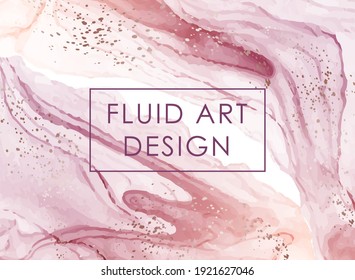 Modern abstract background design or card template or wallpaper or poster with pastel pink watercolor waves or fluid art in alcohol ink style with golden glitter.