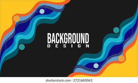 Modernes abstraktes Hintergrunddesign mit geschichteten fließenden Formen mit lebhaften Farben in Blau, Orange und Gelb auf dunklem Hintergrund. Geeignet für Banner, Poster, Präsentationen, Branding, Webdesign, Social Media und kreative kommerzielle Projekte