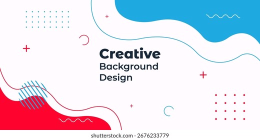 Modern abstract background design with red and blue shapes, plus symbols and wavy lines. Perfect for websites, presentations, and social media.