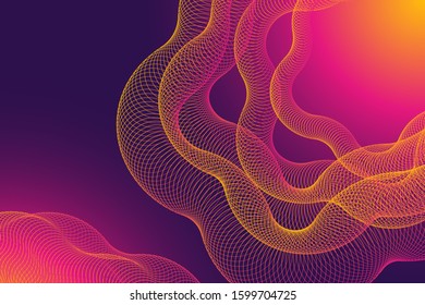 Modern abstract background design in trendy neon bright bold purple, pink and orange colors. Lines and wavy shapes with 3D effect and gradients. Vector illustration.