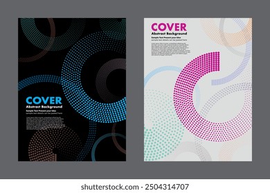 Modern abstract background designs with a circular halftone dot pattern create layered overlapping effects. Vector geometric shapes for cover, posters or various print media