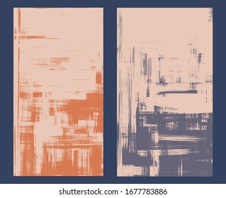 Modern abstract background designs. Windows, rough paint strokes on canvas. Set of two abstract paintings in frame, cross hatching made with brush