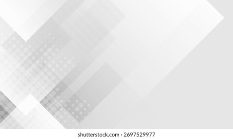 Um fundo abstrato moderno apresenta formas geométricas e padrões de meio-tom em tons de branco e cinza, criando um design limpo, minimalista com uma sensação contemporânea