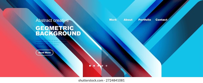 Modern abstract background features vibrant colors, geometric shapes, text elements, navigation menu. Design promotes creativity, innovation.