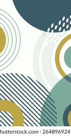 A modern abstract background featuring a blend of organic shapes, concentric arcs, and diagonal stripes in a muted color palette of teal, mustard yellow, and off-white.