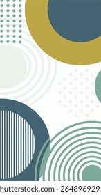 A modern abstract background featuring a blend of geometric shapes and organic curves in a muted color palette of mustard yellow, teal, and off-white.