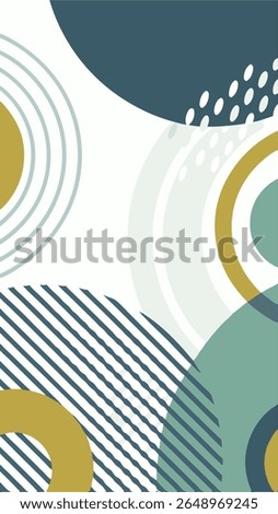 A modern abstract background featuring a blend of organic shapes, concentric arcs, and diagonal stripes in a muted color palette of teal, mustard yellow, and off-white.