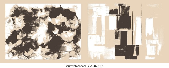 Modern abstract background featuring bold interplay of black and cream tones, textured vertical patterns, and layered strokes that evoke movement and modern artistic rhythm