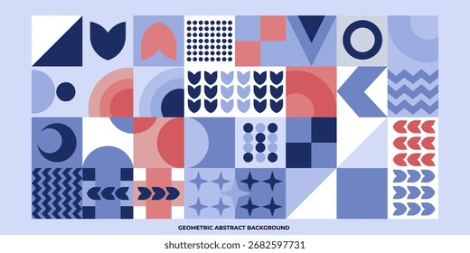 Moderner abstrakter Hintergrund mit fetten geometrischen Formen in Blau und Rot. Perfekt für Poster, Wandbilder, Cover und kreative Designs mit einer sauberen, stilvollen und zeitgenössischen Atmosphäre