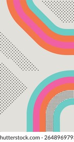 A modern abstract background featuring colorful curved stripes in teal, pink, and orange, contrasted with scattered black dot and diamond patterns on a light gray backdrop.