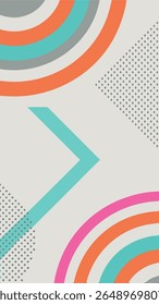 A modern abstract background featuring colorful curved lines, a geometric chevron shape, and a scattering of dots in a playful, retro-inspired design.