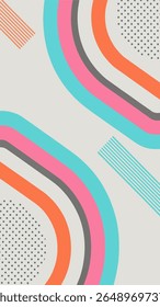 A modern abstract background featuring curved lines in pastel colors like pink, teal, and orange, accented with dots and parallel lines on a neutral background.