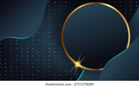 Fundo abstrato moderno com um gradiente azul escuro, ondas de azul escuro e um círculo dourado com um clarão claro. Perfeito para marcas de luxo, apresentações corporativas e design digital.