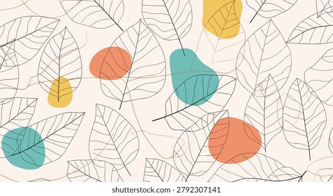 Modern abstract background featuring delicate leaf outlines layered over soft colorful shapes in warm autumnal tones and colors.