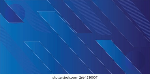 Fundo abstrato moderno com formas geométricas diagonais em vários tons de azul com efeitos de gradiente. O design inclui padrões de linha paralela e elementos circulares sutis