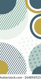 A modern abstract background featuring a dynamic composition of overlapping circles, stripes, and polka dots in a muted color palette of teal, mustard yellow, and deep blue.