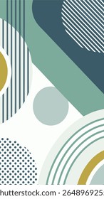 A modern abstract background featuring a dynamic arrangement of geometric shapes, including circles, stripes, and flowing lines in a muted color palette of teal, navy, and mustard yellow.