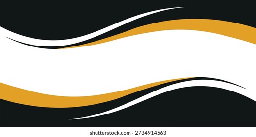 A modern abstract background featuring elegant wavy lines in black, white, and gold, creating a dynamic and stylish visual composition. This design is suitable for various contemporary graphic design projects.
