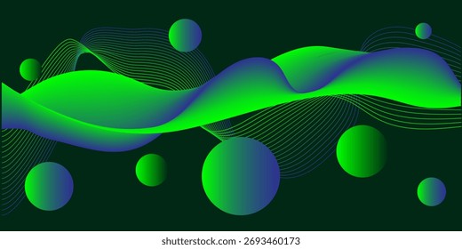 Fondo abstracto moderno con ondas de gradiente verde que fluyen y esferas 3D en una superficie oscura. Perfecto para arte digital, diseño futurista, tecnología visual y presentaciones creativas.