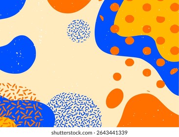 Modern abstract background featuring fluid pink and blue shapes with grunge textures and dots. Ideal for digital art, posters, web design, or print media.