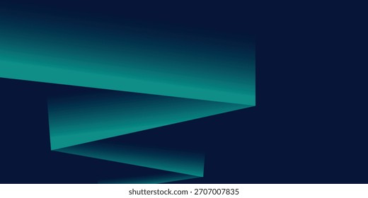 Um plano de fundo abstrato moderno com uma forma em forma de fita azul-azulada dobrada com um efeito de gradiente contra um plano de fundo azul-escuro sólido.