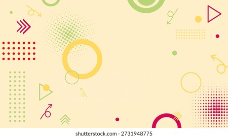 Moderner abstrakter Hintergrund mit geometrischen Formen, Pfeilen und gepunkteten Mustern in gelben, grünen und roten Pastelltönen