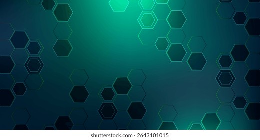 Modern abstract background featuring glowing green and blue hexagon patterns on a dark gradient backdrop. Perfect for technology, innovation, and digital